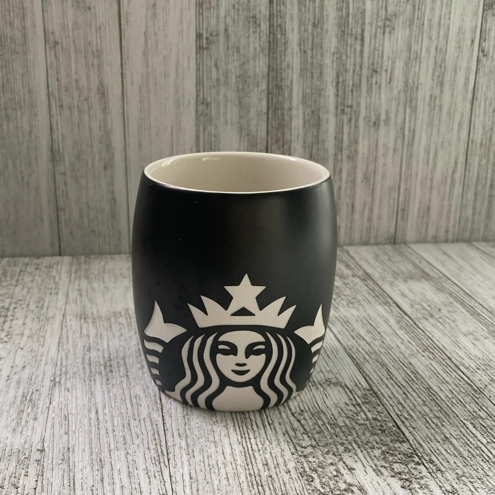 STARBUCKS Black / White Siren Mermaid Logo 14oz Barrel Cup Mug